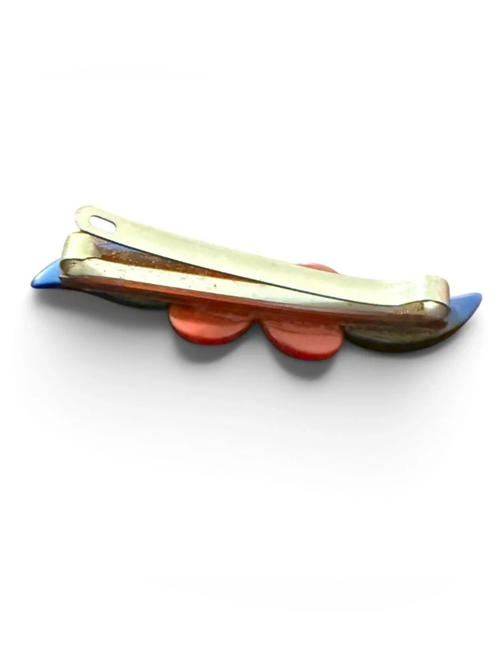 Vintage French Bar Barrette in Blue with Red Hearts, Handmade France, 2.5” OOAK